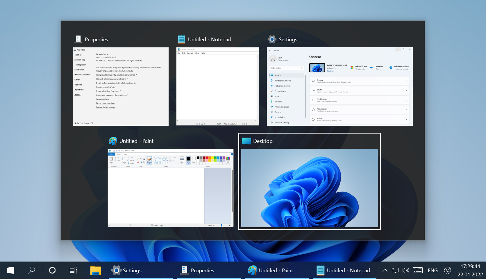 Clear window previews in a streamlined switcher
